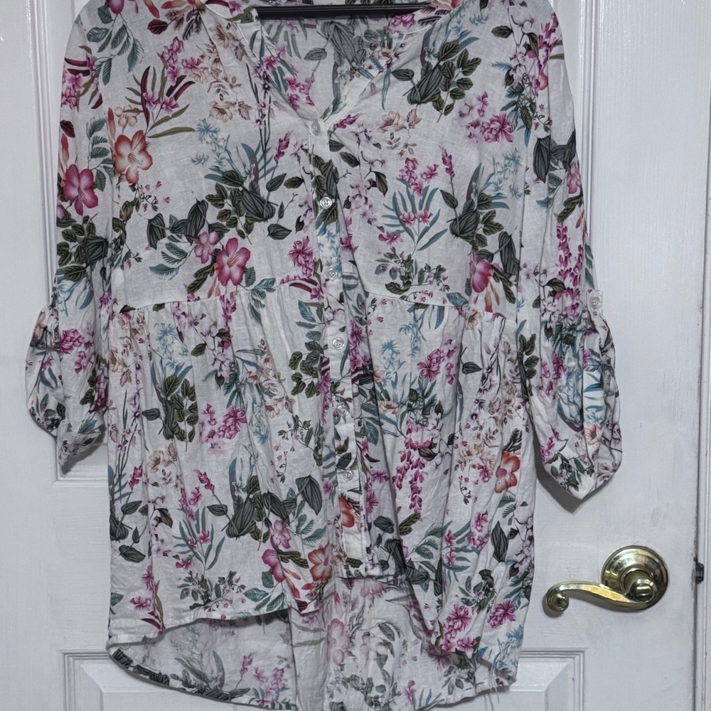 Saint Tropez West Floral Linen Blend Babydoll Top 1X Pink White Roll Tab Sleeve‎ - Picture 10 of 14